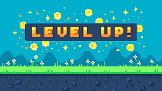 Illustration: Schriftzug "Level up!" auf Landschaft in Pixel-Design