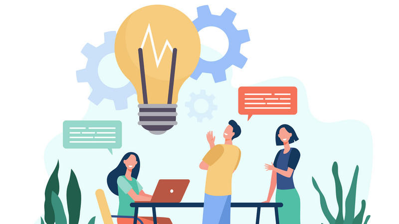 Illustration: Angestellte teilen im Büro Gedanken und Ideen