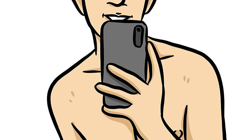 Illustration: Mann mit nacktem, muskulösen Oberkörper schaut auf sein Smartphone in der Hand