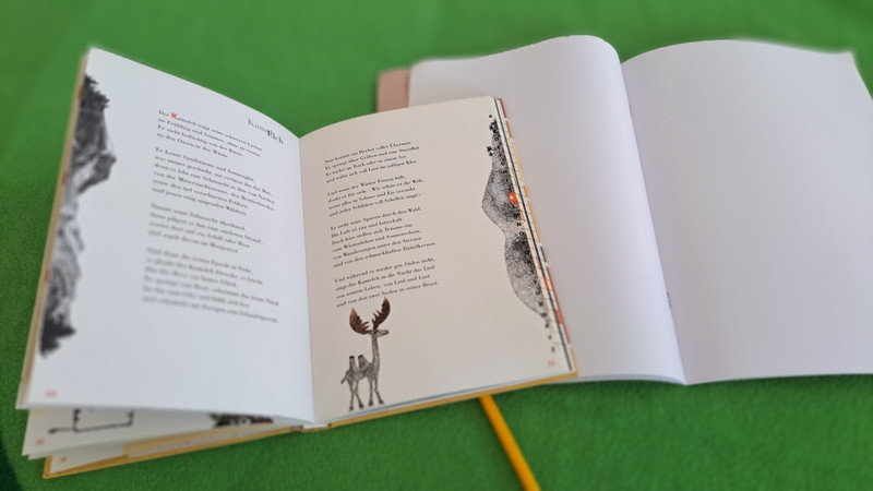 Auf dem Bild ist ein aufgeschlagenes Buch zu sehen, das auf einer grünen Oberfläche liegt. Das Buch enthält sowohl Text als auch Illustrationen. Ein Bleistift liegt unter dem Buch. Unter dem Buch liegt ein aufgeschlagenes Heft mit leeren Seiten..